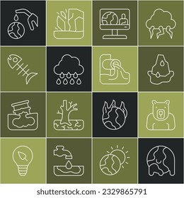 Línea Calentamiento Global, Cabeza Polar de Oso, Fusión de Glaciares, Predicción del Clima, Nube con lluvia, Pescado Muerto, Boquilla de bomba de gas y globo e ícono de Aguas Residuales. Vector