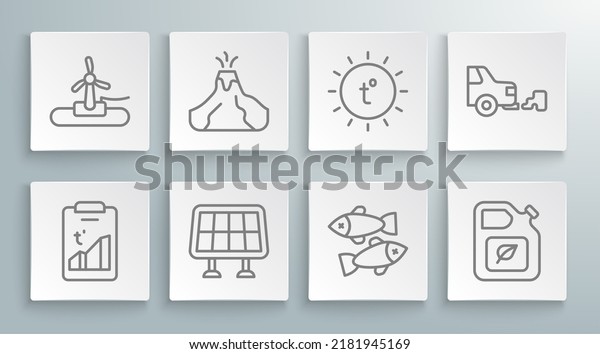 Set line Global warming, Volcano\
eruption with lava, Solar energy panel, Dead fish, Bio fuel\
canister, Sun, Car exhaust and Wind turbine icon.\
Vector