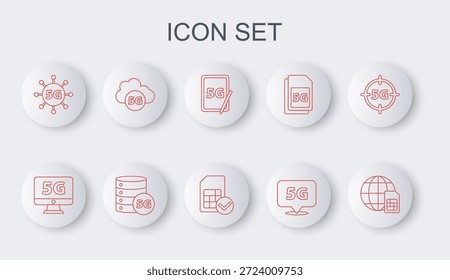Set line Globe 5G Sim Card, Monitor con red, tableta gráfica, Locación, nube, servidor e ícono de tarjeta. Vector