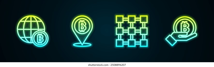 Set line Globe Bitcoin, , tecnologia Blockchain e mão segurando. Ícone de néon brilhante. Vetor