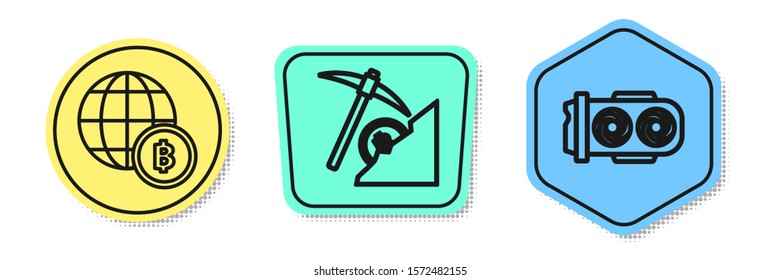 Set line Globe and cryptocurrency coin Bitcoin, Cryptocurrency cloud mining and Mining farm. Colored shapes. Vector