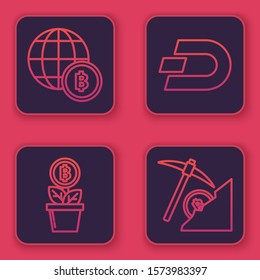 Set line Globe and cryptocurrency coin Bitcoin, Bitcoin plant in the pot, Cryptocurrency coin Dash and Cryptocurrency cloud mining. Blue square button. Vector