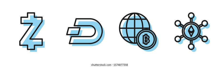 Set line Globe and cryptocurrency coin Bitcoin, Cryptocurrency coin Zcash ZEC, Cryptocurrency coin Dash and Blockchain technology Ethereum ETH icon. Vector