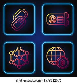 Set line Globe and cryptocurrency coin Bitcoin, Blockchain technology, Chain link and Mining farm. Gradient color icons. Vector