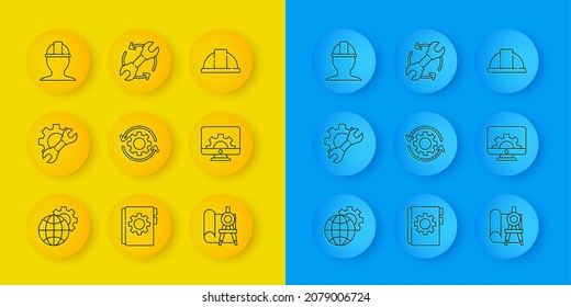 Fijar la línea Globe of the Earth and gear, Wrench spanner, Gear flechas como flujo de trabajo, Graphing paper compass, Computer Monitor, Worker security helmet e icon. Vector