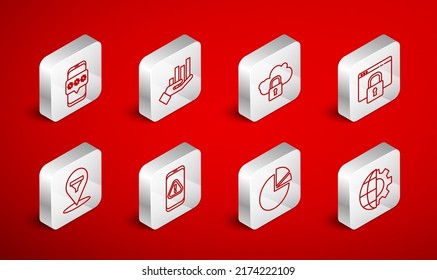 Set line Globe of the Earth and gear, Pie chart infographic, Cloud computing lock, Secure your site with HTTPS, SSL, Mobile password, exclamation mark and Location sales funnel icon. Vector