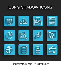 Set line Globe of the Earth and gear, Monitor with password, Mobile exclamation mark, Coal mine trolley, Document search, Secure your site HTTPS, SSL and Pie chart infographic icon. Vector