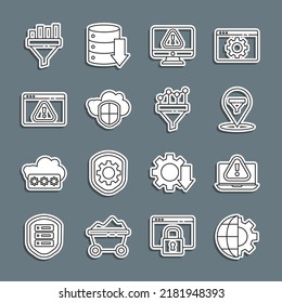 Set line Globe of the Earth and gear, Laptop with exclamation mark, Location sales funnel, Monitor, Cloud shield, Browser, Sales chart and  icon. Vector