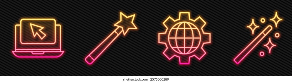 Set line Globe of the Earth and gear, Laptop and cursor, Magic wand and Magic wand. Glowing neon icon. Vector