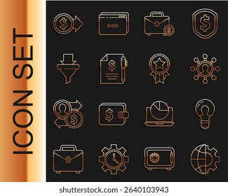Set line Globe of the Earth and gear, Light bulb with concept idea, Business network communication, Briefcase money, Contract pen, Sales funnel arrows, Coin dollar and Medal star icon. Vector