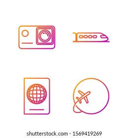 Set line Globe with flying plane, Passport with biometric data, Action extreme camera and Train. Gradient color icons. Vector