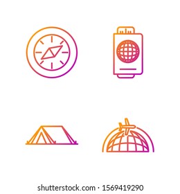 Set line Globe with flying plane, Tourist tent, Compass and Passport with ticket. Gradient color icons. Vector
