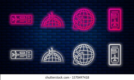 Set line Globe with flying plane, Globe with flying plane, Airline ticket and Smartphone with electronic boarding pass airline ticket. Glowing neon icon on brick wall. Vector