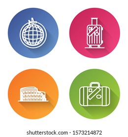 Set line Globe with flying plane, Suitcase for travel and stickers, Coliseum in Rome, Italy and Suitcase for travel and stickers. Color circle button. Vector