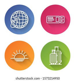 Set line Globe with flying plane, Travel ticket, Sunset and Suitcase for travel. Color circle button. Vector