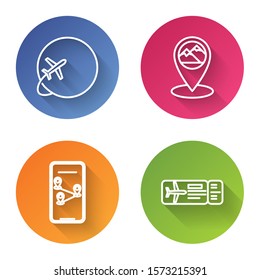 Set line Globe with flying plane, Map pointer with mountain, Infographic of city map navigation and Airline ticket. Color circle button. Vector