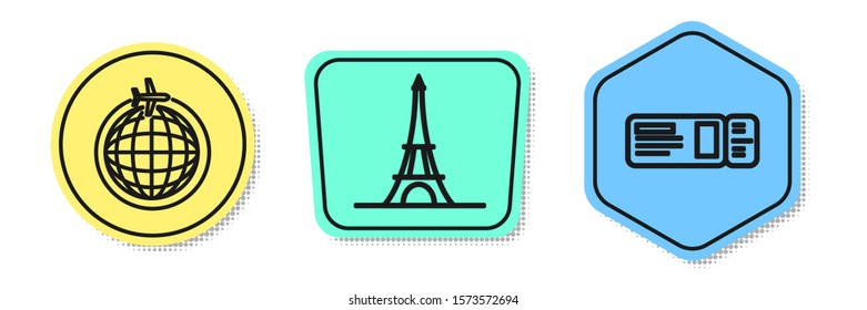 Set line Globe with flying plane, Eiffel tower and Travel ticket. Colored shapes. Vector