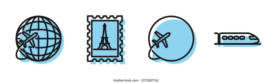 Set line Globe with flying plane, Globe with flying plane, Postal stamp and Eiffel tower and Train icon. Vector