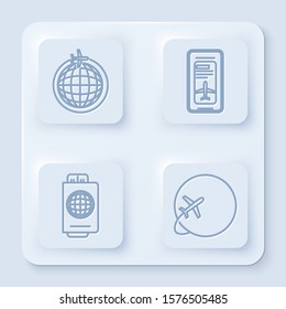 Set line Globe with flying plane, Smartphone with electronic boarding pass airline ticket, Passport with ticket and Globe with flying plane. White square button. Vector