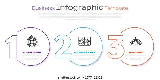 Set line Globe with flying plane, Passport pages with visa stamps and Globe with flying plane. Business infographic template. Vector