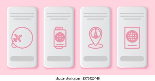 Set line Globe with flying plane, Passport with ticket, Map pointer with Eiffel tower and Passport with biometric data. White rectangle button. Vector