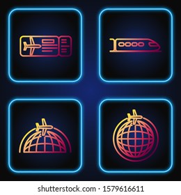 Set line Globe with flying plane, Globe with flying plane, Airline ticket and Train. Gradient color icons. Vector