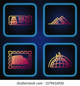 Set line Globe with flying plane, Postal stamp and Coliseum, Cruise ticket for traveling by ship and Egypt pyramids. Gradient color icons. Vector