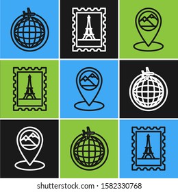 Set line Globe with flying plane, Map pointer with mountain and Postal stamp and Eiffel tower icon. Vector