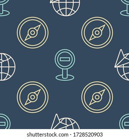 Fijar la línea Globe con el plano de vuelo, la brújula y el inicio de sesión en un patrón sin fisuras. Vector