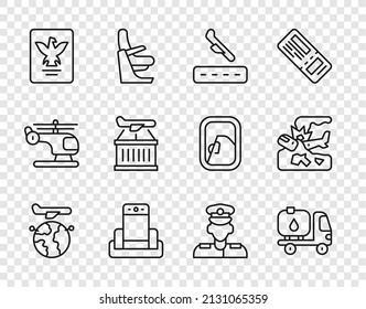 Set line Globe with flying plane, Fuel tanker truck, Plane landing, Metal detector airport, Passport, Pilot and crash icon. Vector