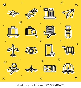 Set line Globe with flying plane, Trolley baggage, Suitcase, Scale suitcase, Lost, Conveyor belt, Plane and Calendar and airplane icon. Vector