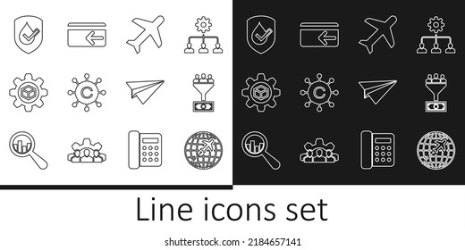 Set line Globe with flying plane, Lead management, Plane, Copywriting network, Product development, Waterproof, Paper and Cash back icon. Vector