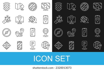 Set line Globe with flying plane, Stop sign, City map navigation, Folded location, Monitor marker, Compass, Traffic light and Infographic of city icon. Vector