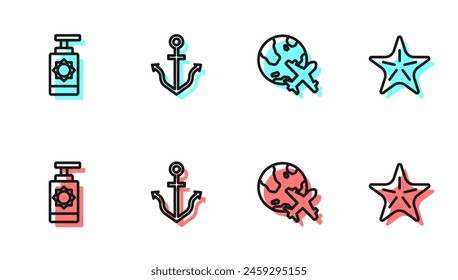 Set line Globe with flying plane, Sunscreen spray bottle, Anchor and Starfish icon. Vector