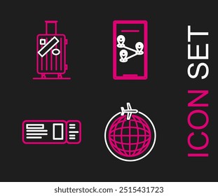 Establecer línea Globo con avión volador, boleto de viaje, infografía de la navegación del mapa de la ciudad y maleta para el viaje y el icono de pegatinas. Vector