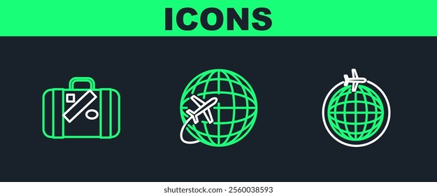 Set line Globe with flying plane, Suitcase for travel and stickers and  icon. Vector