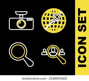 Set line Globe with flying plane, Magnifying glass for search people,  and Car DVR icon. Vector