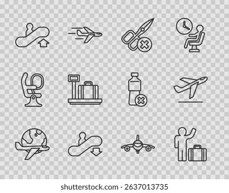Set line Globe with flying plane, Tourist suitcase, No scissors, Escalator down, up, Scale, Plane and takeoff icon. Vector