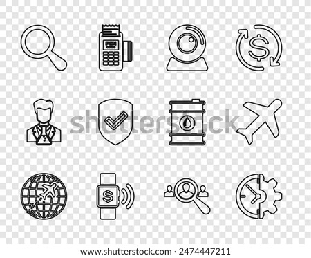 Set line Globe with flying plane, Clock and gear, Web camera, Contactless payment, Magnifying glass, Shield check mark, for search people and Plane icon. Vector