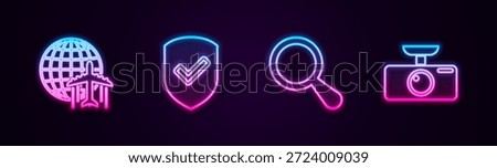 Set line Globe with flying plane, Shield check mark, Magnifying glass and Car DVR. Glowing neon icon. Vector