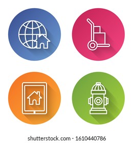 Set line Globe with house symbol, Hand truck and boxes, Tablet and smart home and Fire hydrant. Color circle button. Vector