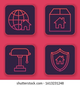 Set line Globe with house symbol, Table lamp, Cardboard box with house and House with shield. Blue square button. Vector