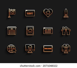 Set line Globe with house symbol, Computer monitor smart home, Hanging sign text Sale, Doormat the Welcome, Monitor heart shape, Tablet and, House and Online icon. Vector