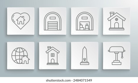 Set line Globe with house symbol, Warehouse, Home, Washington monument, Table lamp, House and heart shape icon. Vector