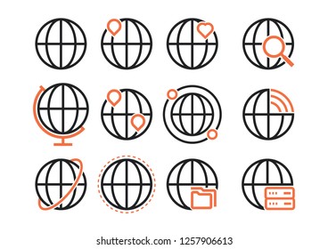 Set line globe icon with pin location, search, wifi, server, folder for technology.