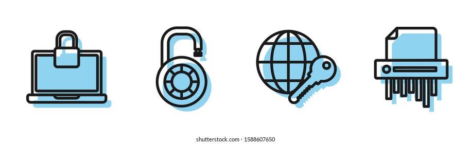 Set line Globe key , Laptop and lock , Safe combination lock wheel  and Paper shredder confidential icon. Vector
