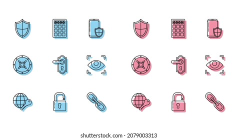 Set line Globe key, Open padlock, Shield, Chain link, Door handle, Eye scan, Safe and Password protection safety access icon. Vector