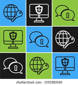 Set line Globe key , Protection of personal data  and Computer monitor and shield  icon. Vector