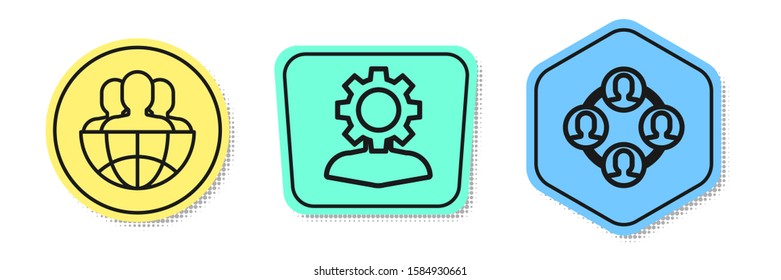 Set line Globe and people, Human with gear inside and Project team base. Colored shapes. Vector