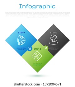Set line Globe and people, Human with gear inside, Piece of puzzle and Project team base. Business infographic template. Vector